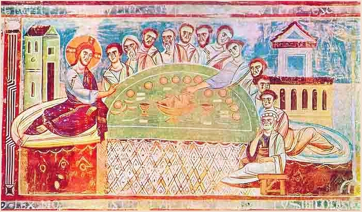 Фреска "Тайная вечеря", 1100, Визант. Италия, Формис (Капуя), Монастырская церковь Сан Анджело